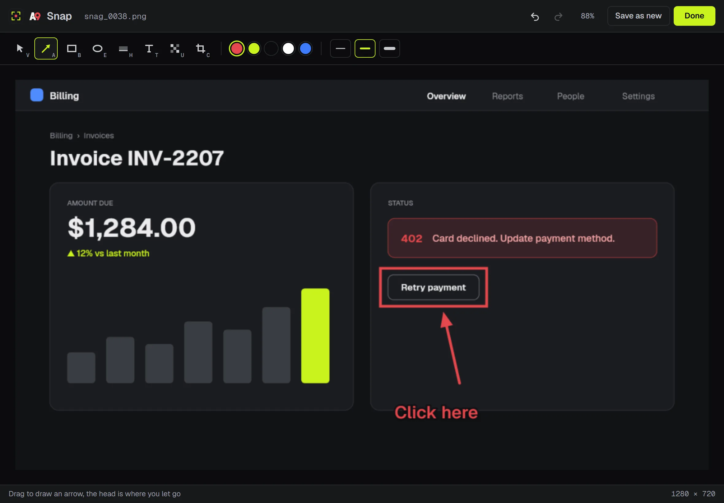 The A9 Snap editor on a mock capture: a red box and an arrow pointing at a button, with a short text label, and the toolbar of arrow, box, ellipse, highlight, text, blur and crop.