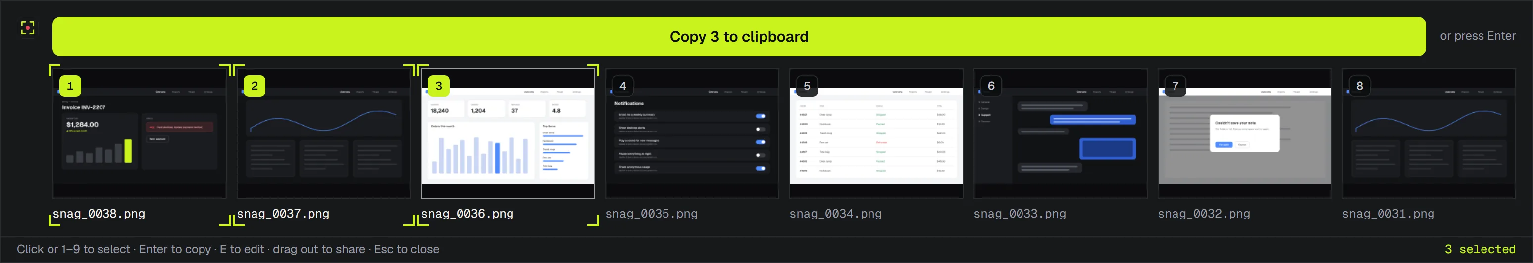 The A9 Snap recent-captures strip: six numbered thumbnails side by side, three of them selected, with a Copy button.